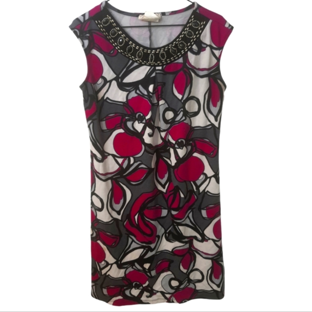 BOAT neck beaded embellished neckline bold print dress